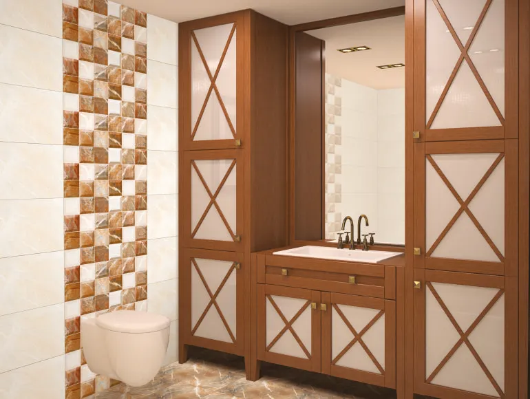 Modern beige bathroom design with sink, western toilet, and Marfil tile accents